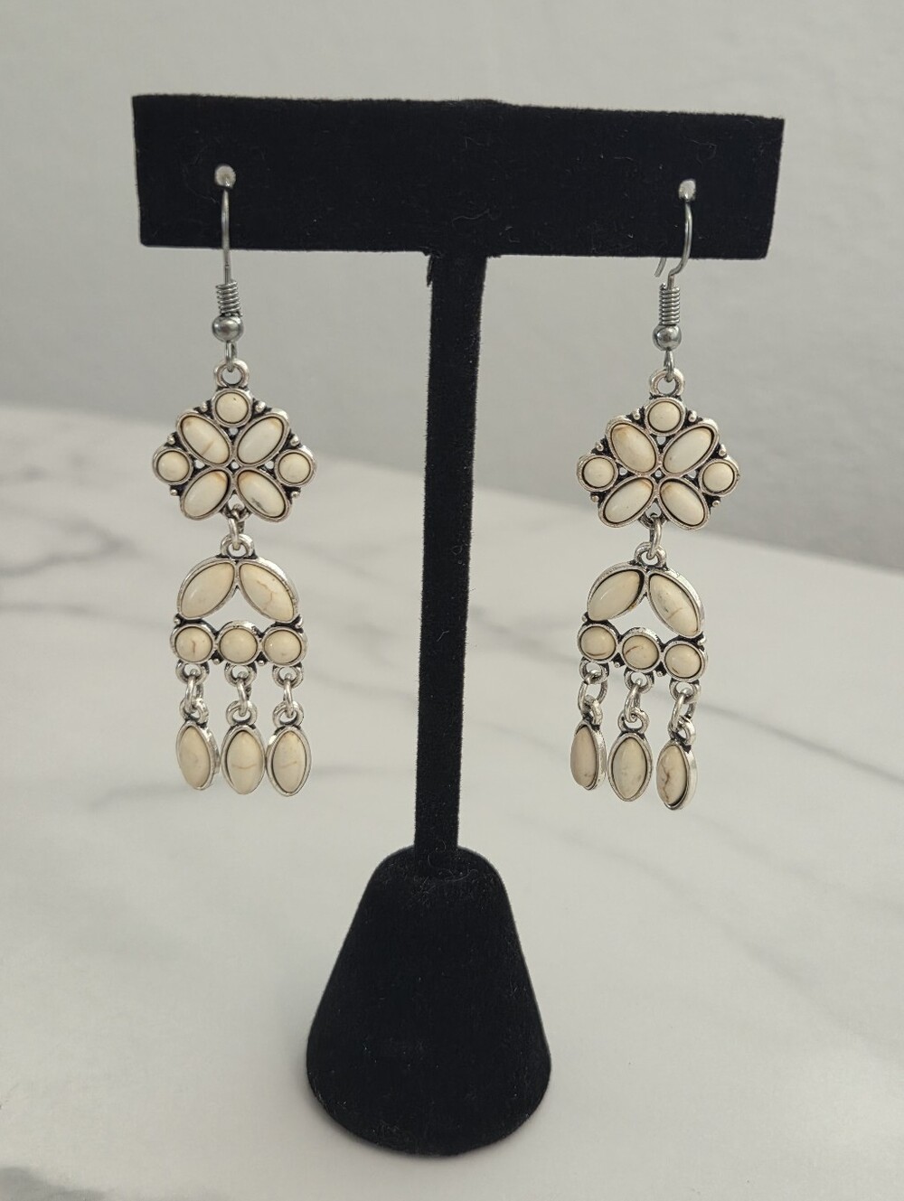 Paparazzi White Stone Chandelier Statement Earrings Silver Tone Boho - Picture 8 of 12